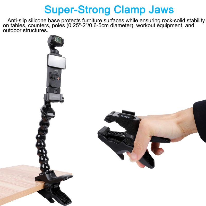 PellKing Gooseneck Jaws Flex Clamp Mount for DJI Osmo Pocket 3 & GoPro 13 12 11 10 9 8 7 6 5 Insta360 X4 X3 X2 X DJI Osmo Action 5 Pro 4 3 2 Cameras - Image 2