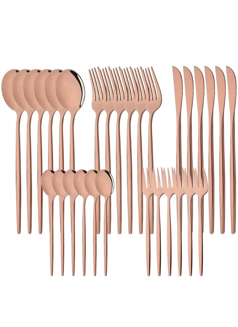 OQUERA - 24 Pcs Stainless Steel Sleek Rose Gold Plated Kitchen High Quality Cutlery Tableware Set Fork Spoon Knife in Velvet Gift Kraft Box - Image 1