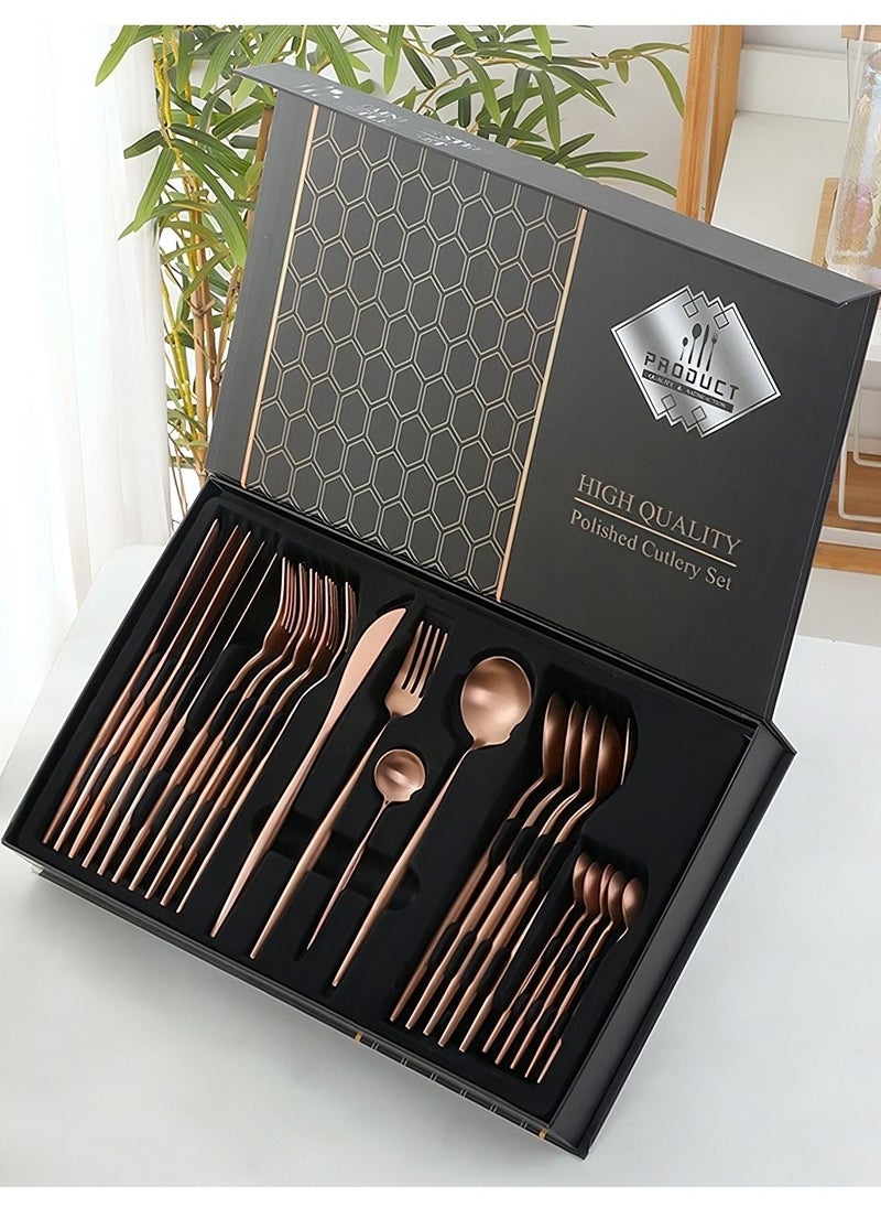 OQUERA - 24 Pcs Stainless Steel Sleek Rose Gold Plated Kitchen High Quality Cutlery Tableware Set Fork Spoon Knife in Velvet Gift Kraft Box - Image 1