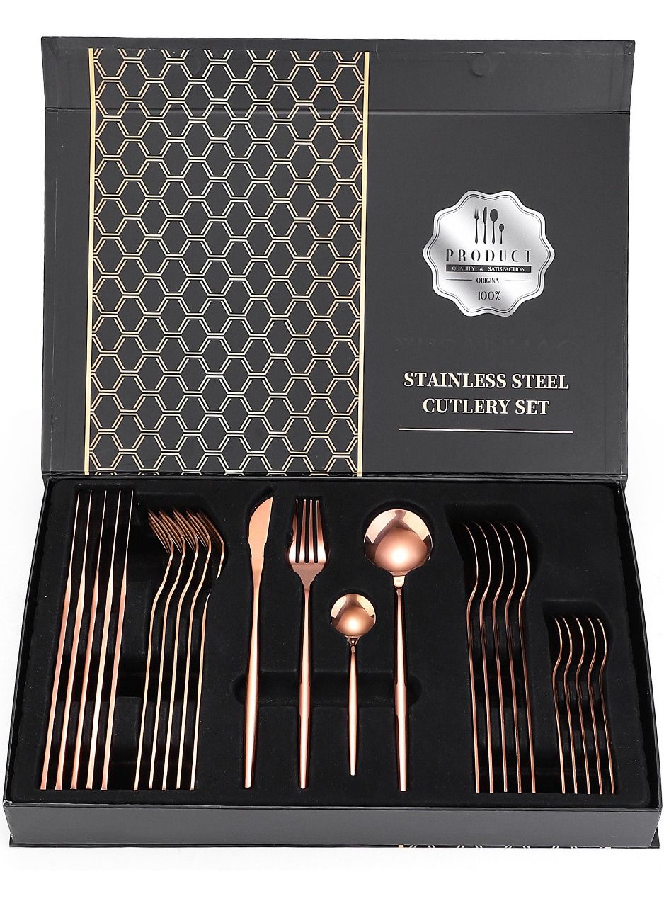 24 Pcs Stainless Steel Sleek Rose Gold Plated Kitchen High Quality Cutlery Tableware Set Fork Spoon Knife in Velvet Gift Kraft Box 