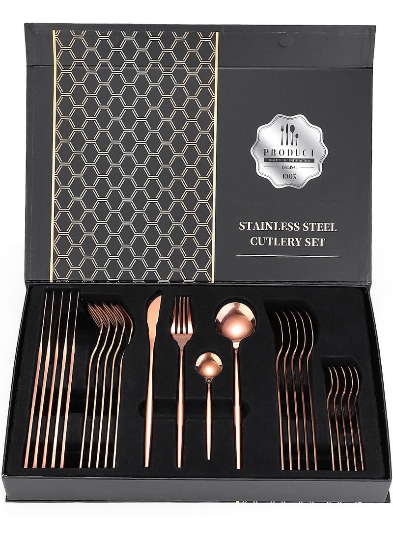OQUERA - 24 Pcs Stainless Steel Sleek Rose Gold Plated Kitchen High Quality Cutlery Tableware Set Fork Spoon Knife in Velvet Gift Kraft Box - Image 1