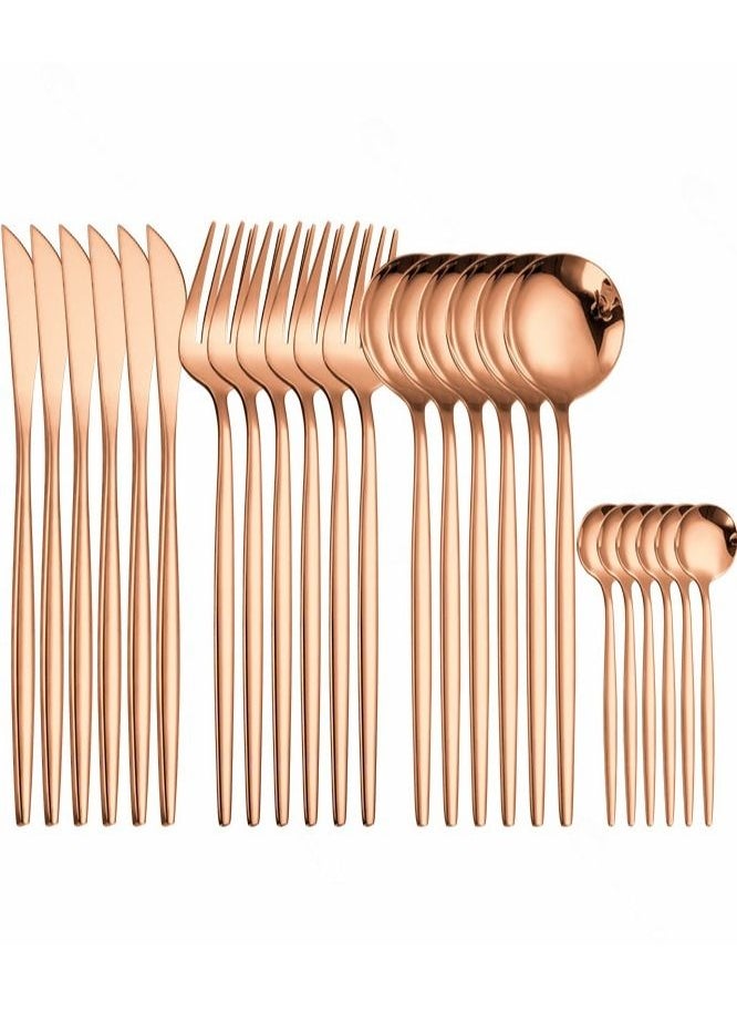 OQUERA - 24 Pcs Stainless Steel Sleek Rose Gold Plated Kitchen High Quality Cutlery Tableware Set Fork Spoon Knife in Velvet Gift Kraft Box - Image 1