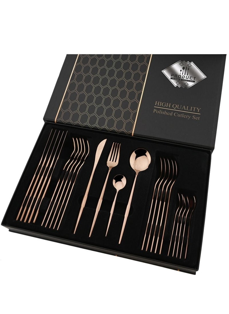 OQUERA - 24 Pcs Stainless Steel Sleek Rose Gold Plated Kitchen High Quality Cutlery Tableware Set Fork Spoon Knife in Velvet Gift Kraft Box - Image 1