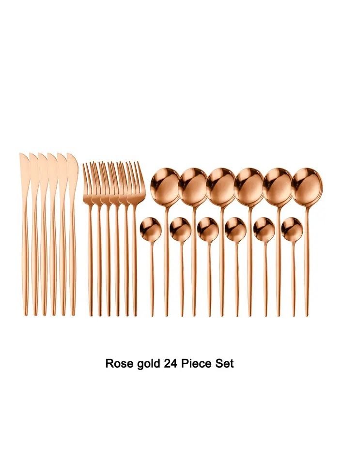 24 Pcs Stainless Steel Sleek Rose Gold Plated Kitchen High Quality Cutlery Tableware Set Fork Spoon Knife in Velvet Gift Kraft Box 