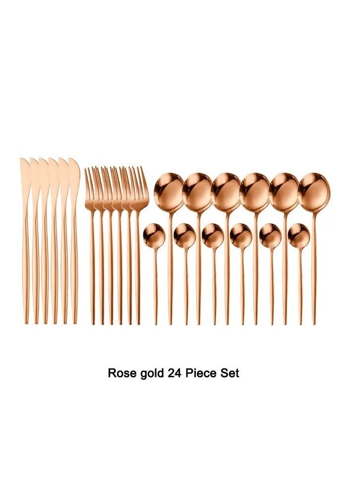 OQUERA - 24 Pcs Stainless Steel Sleek Rose Gold Plated Kitchen High Quality Cutlery Tableware Set Fork Spoon Knife in Velvet Gift Kraft Box - Image 1