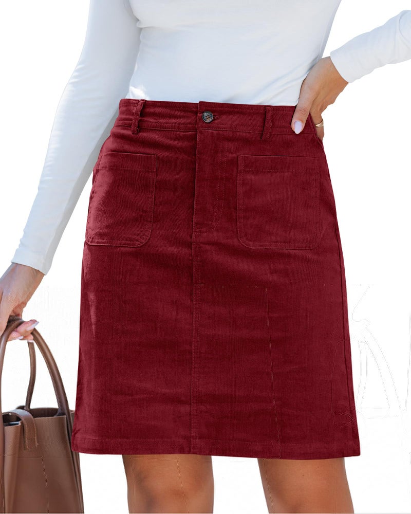 luvamia Trendy High Waisted Womens Skirts Dressy Casual Stretchy Elastic Waist Corduroy Short Skirt with Pockets for Women Fall Wine Red Small US Size 4-6 - Image 1