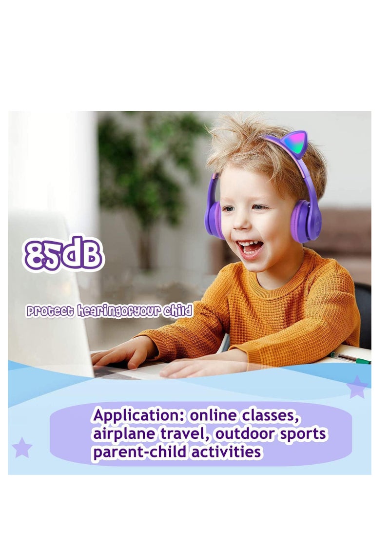 P47 Cat Ear Headphones for Girls Women Kids with Microphone 85dB Safe Sound Foldable for Online Learning Travel Cell Phone Support 3.5mm - Kids Wireless Over Ear Headphone - Purple Color  - Image 3