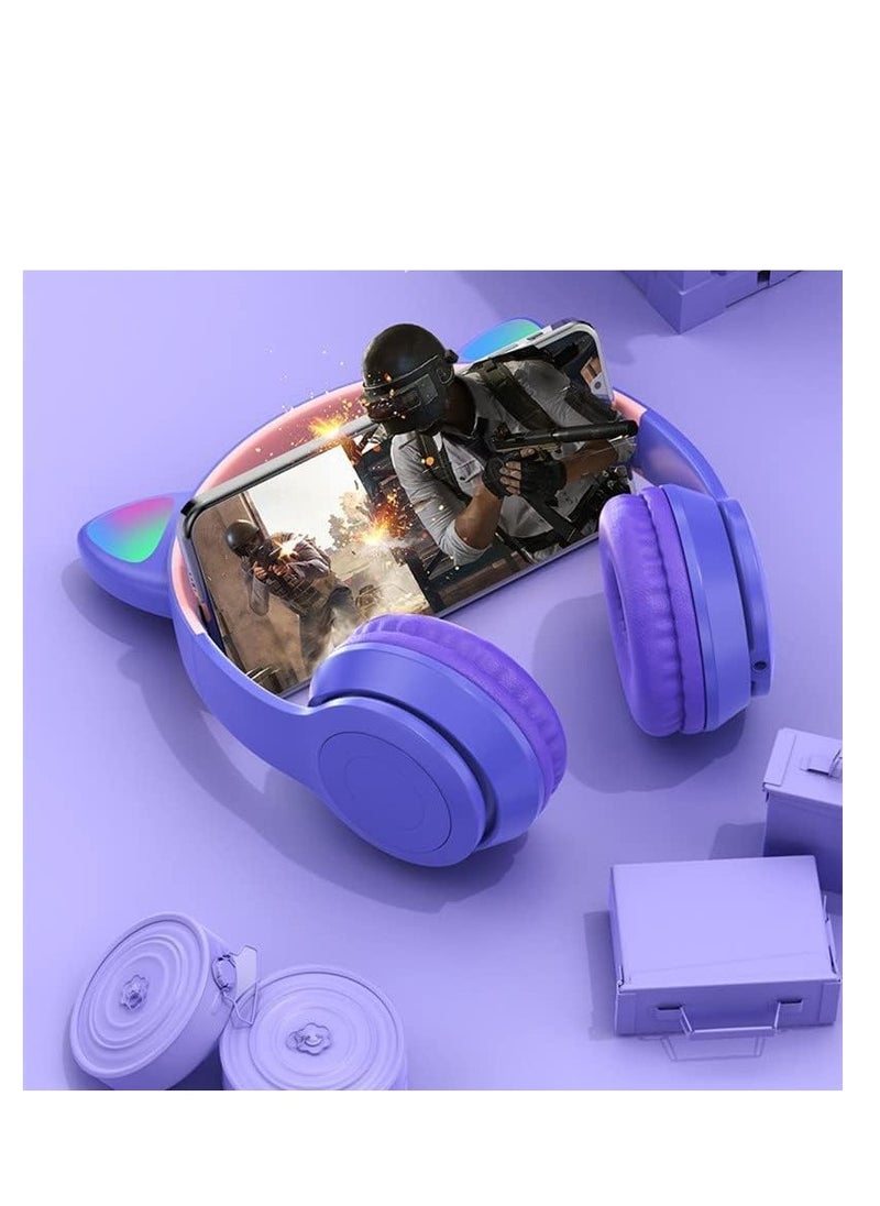 P47 Cat Ear Headphones for Girls Women Kids with Microphone 85dB Safe Sound Foldable for Online Learning Travel Cell Phone Support 3.5mm - Kids Wireless Over Ear Headphone - Purple Color  - Image 4