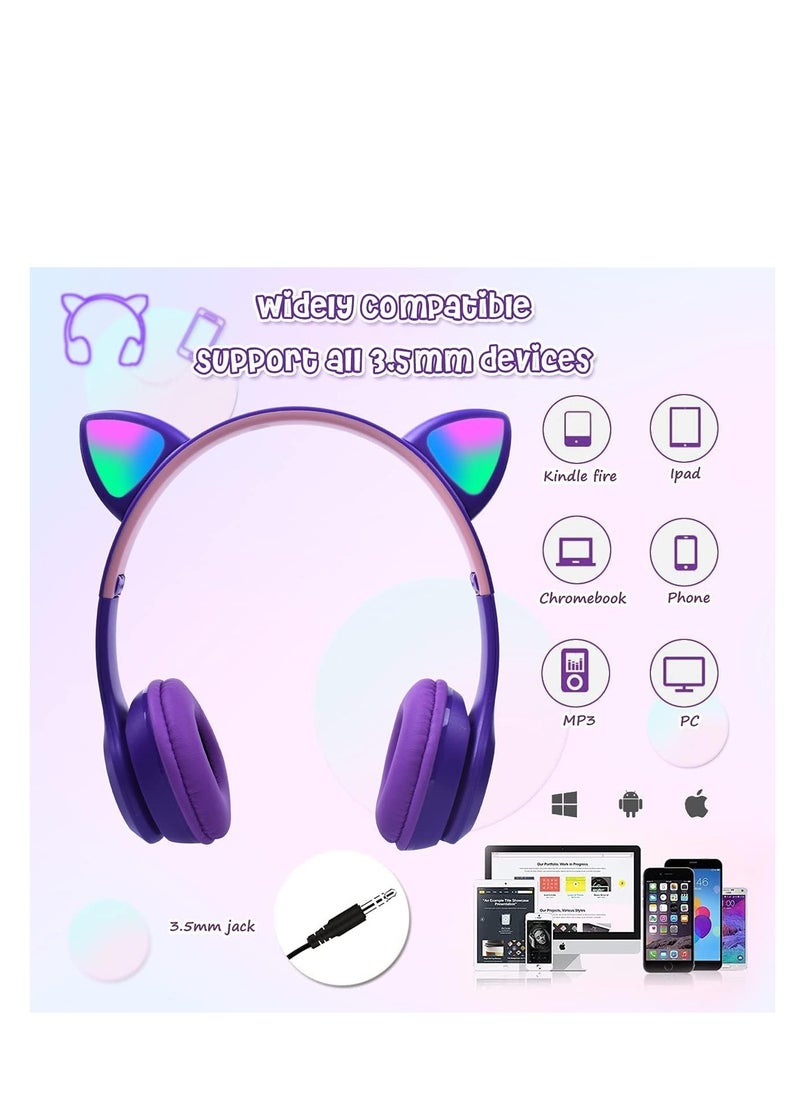P47 Cat Ear Headphones for Girls Women Kids with Microphone 85dB Safe Sound Foldable for Online Learning Travel Cell Phone Support 3.5mm - Kids Wireless Over Ear Headphone - Purple Color  - Image 2