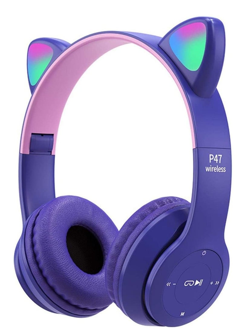P47 Cat Ear Headphones for Girls Women Kids with Microphone 85dB Safe Sound Foldable for Online Learning Travel Cell Phone Support 3.5mm - Kids Wireless Over Ear Headphone - Purple Color  - Image 1