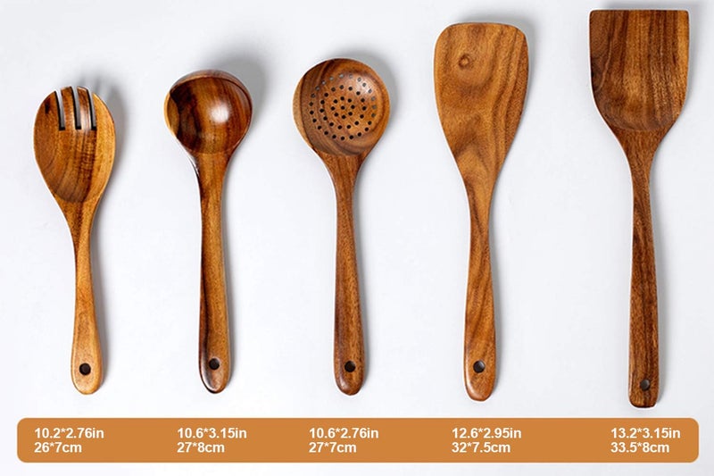 TEZZ Wood Kitchen Utensils Set, 5 PCs Natural Acacia Wooden Spoons For Cooking for Non-stick Skillet, Utensil set For Cooking With Soup Ladle and Wok Spatulas, Salad fork, Spurtles for Cooking - Image 4