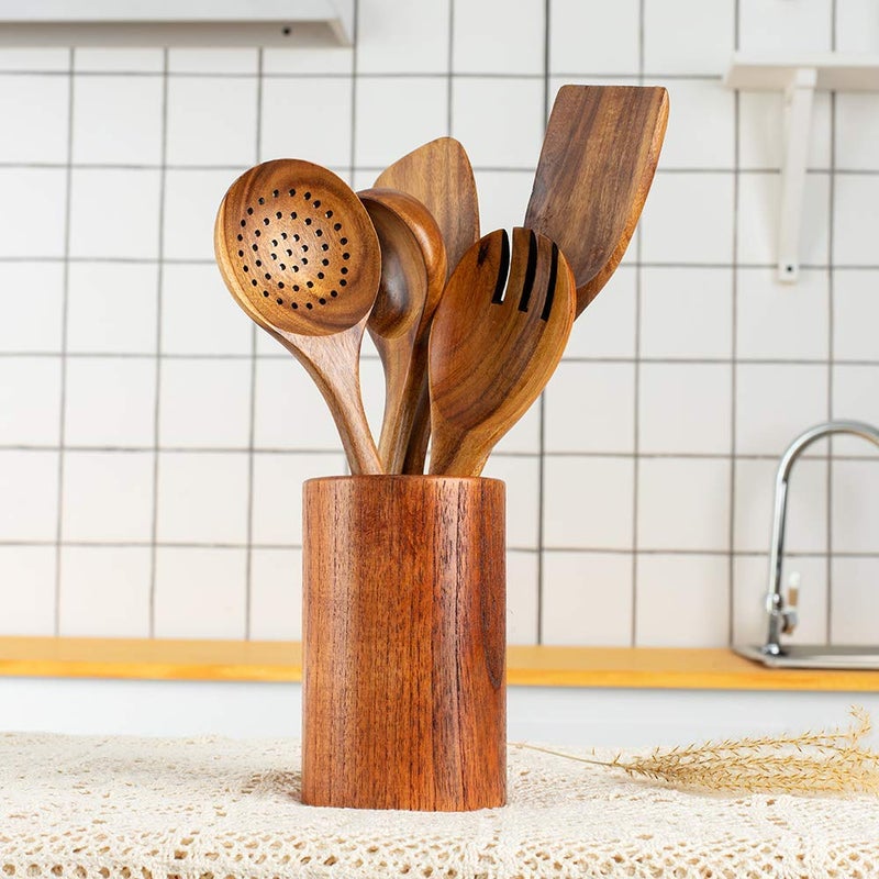 TEZZ Wood Kitchen Utensils Set, 5 PCs Natural Acacia Wooden Spoons For Cooking for Non-stick Skillet, Utensil set For Cooking With Soup Ladle and Wok Spatulas, Salad fork, Spurtles for Cooking - Image 2
