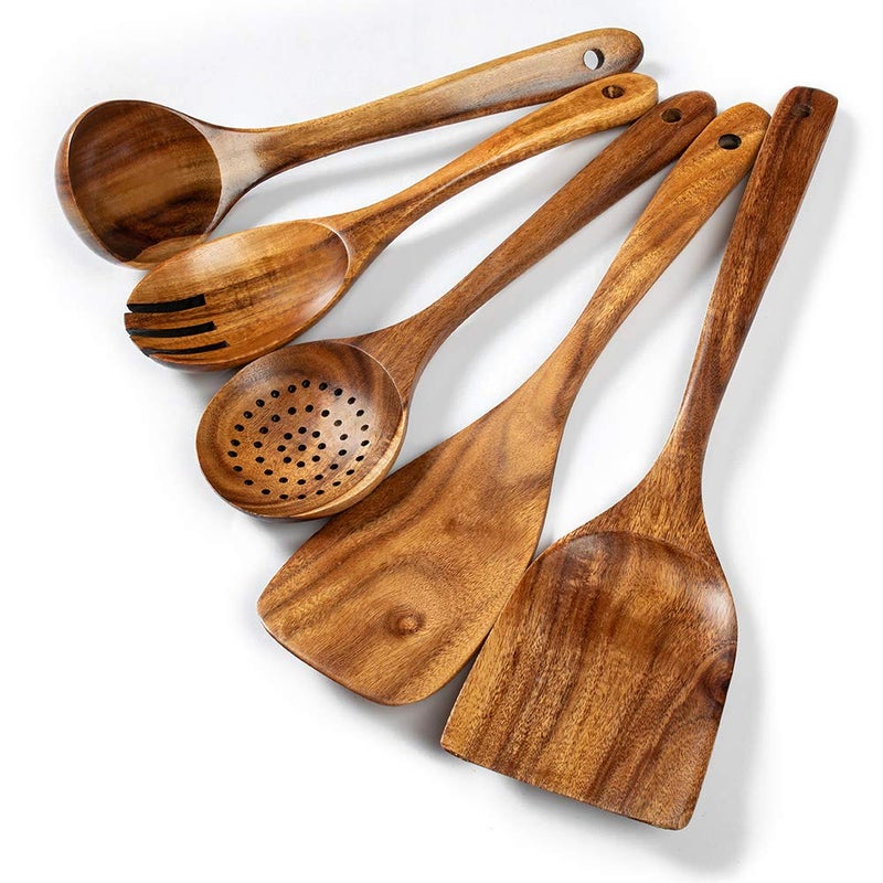 TEZZ Wood Kitchen Utensils Set, 5 PCs Natural Acacia Wooden Spoons For Cooking for Non-stick Skillet, Utensil set For Cooking With Soup Ladle and Wok Spatulas, Salad fork, Spurtles for Cooking - Image 1