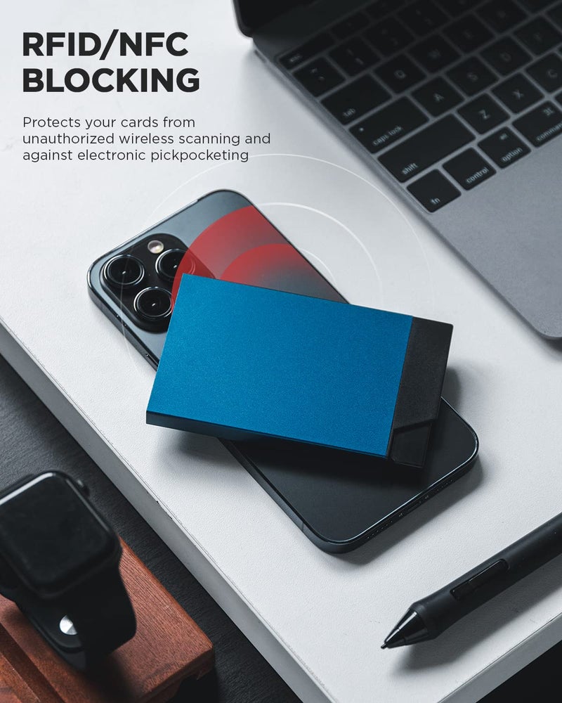 VULKIT Pop up Card Holder Minimalist Credit Card Holder RFID Blocking Slim Metal Card Case for Men or Women(Navy) - Image 4