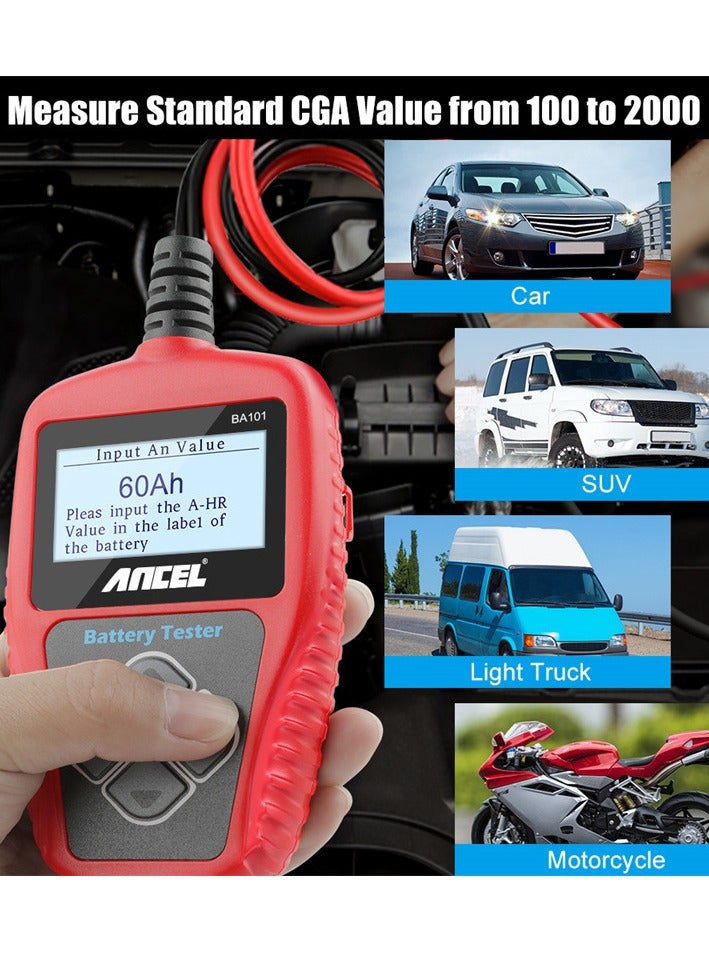 أنسيل م tester قياس بطارية السيارة BA101 12V أداة تشخيص للبطاريات والمولدات الرقمية، سعة حمل 100-2000 CCA، تحليل الشحن والدوران للدراجات النارية، والشاحنات، والزوارق، ومركبات RV، والبحرية والمزيد. - Image 3