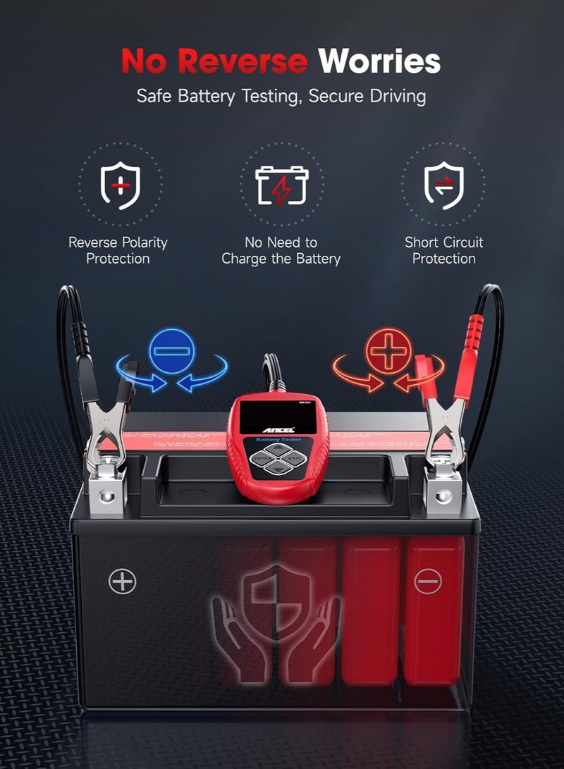 أنسيل م tester قياس بطارية السيارة BA101 12V أداة تشخيص للبطاريات والمولدات الرقمية، سعة حمل 100-2000 CCA، تحليل الشحن والدوران للدراجات النارية، والشاحنات، والزوارق، ومركبات RV، والبحرية والمزيد. - Image 5