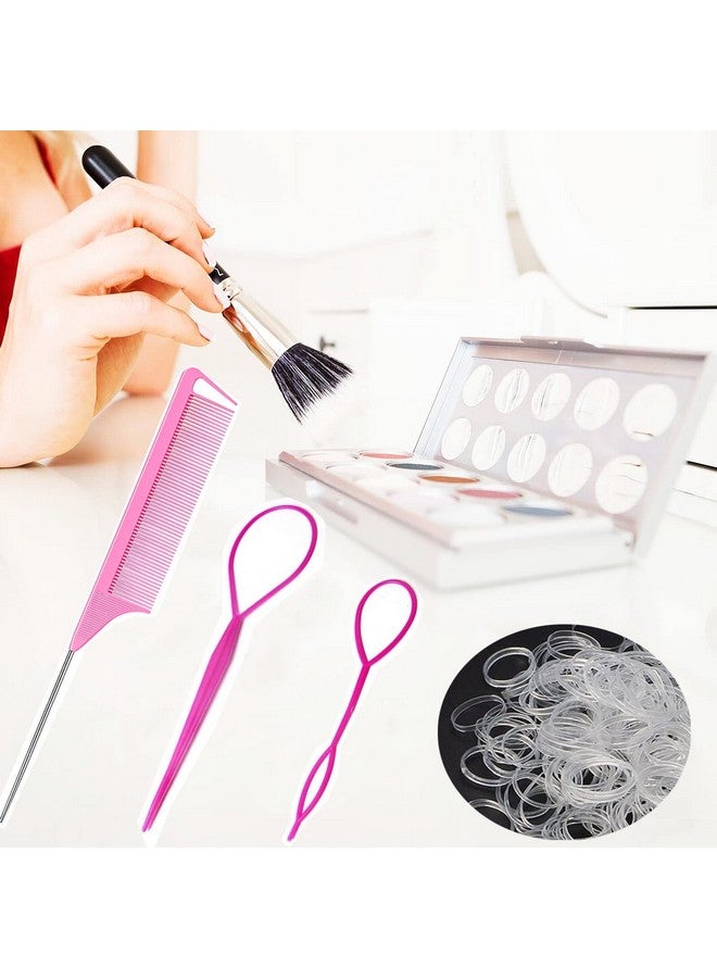 أربطة شعر مطاطية، أربطة شعر صغيرة ناعمة للفتيات والنساء، قطعتان من أدوات ذيل الفأر، مشط ذيل الفأر، وردي