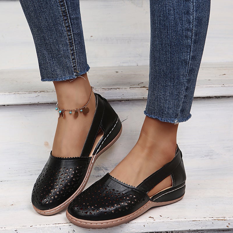 2023 Summer foreign trade large size casual sandals women''s and thick-soled hollow solid color shoes women''s wedge sandals wholesale - Image 2