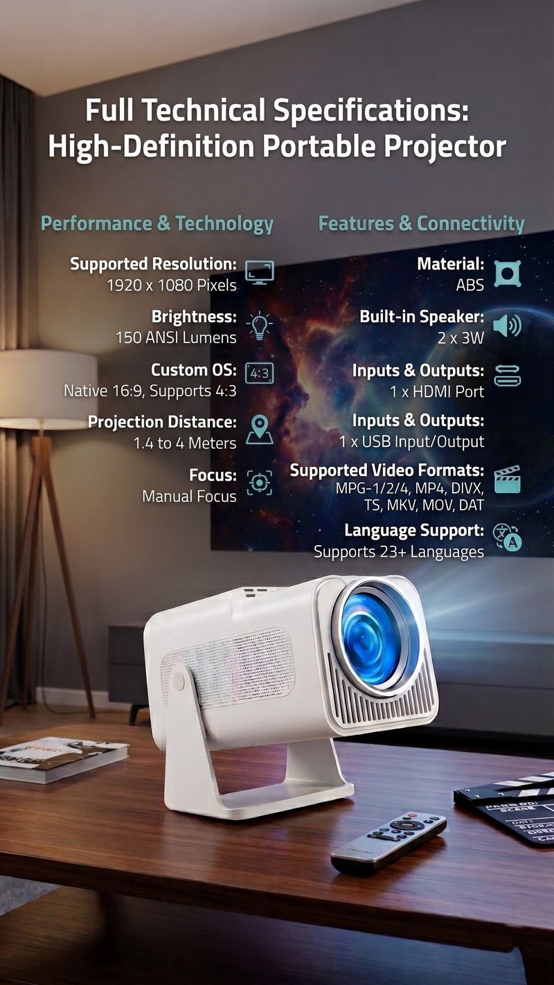 بريمو بلس بروجكتور محمول – دقة 1080P Full HD، نظام أندرويد 11، واي فاي، دعم 4K، سماعات مدمجة، HDMI و USB، مثالي للمنزل والأفلام - Image 2