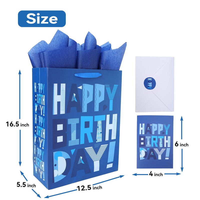 wishinside 16.5â€ Extra Large Blue Gift Bags Set with Greeting Card and Tissue Papers (Blue Happy Birthday) for Men's Birthday Party, Kids' Parties, Baby Shower, or Baby Boy - 16.5â€x5.5â€x12.6â€, 1 Pcs - Image 2