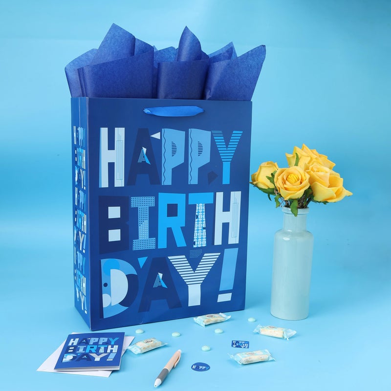 wishinside 16.5â€ Extra Large Blue Gift Bags Set with Greeting Card and Tissue Papers (Blue Happy Birthday) for Men's Birthday Party, Kids' Parties, Baby Shower, or Baby Boy - 16.5â€x5.5â€x12.6â€, 1 Pcs - Image 5