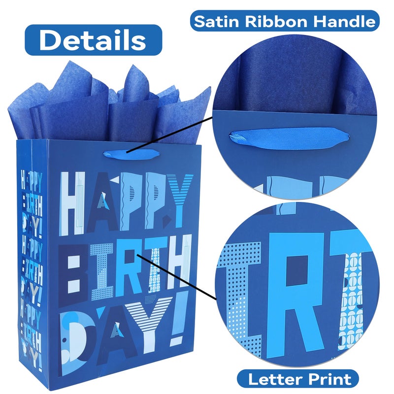 wishinside 16.5â€ Extra Large Blue Gift Bags Set with Greeting Card and Tissue Papers (Blue Happy Birthday) for Men's Birthday Party, Kids' Parties, Baby Shower, or Baby Boy - 16.5â€x5.5â€x12.6â€, 1 Pcs - Image 4
