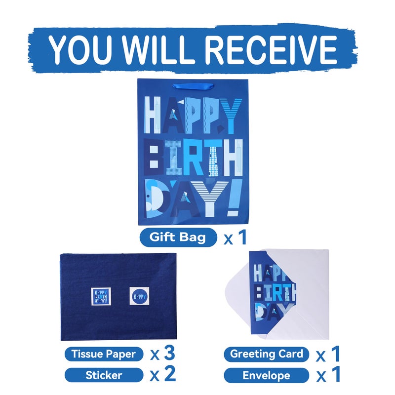 wishinside 16.5â€ Extra Large Blue Gift Bags Set with Greeting Card and Tissue Papers (Blue Happy Birthday) for Men's Birthday Party, Kids' Parties, Baby Shower, or Baby Boy - 16.5â€x5.5â€x12.6â€, 1 Pcs - Image 3