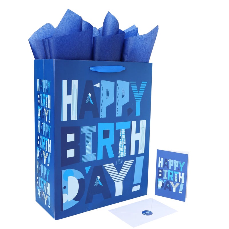 wishinside 16.5â€ Extra Large Blue Gift Bags Set with Greeting Card and Tissue Papers (Blue Happy Birthday) for Men's Birthday Party, Kids' Parties, Baby Shower, or Baby Boy - 16.5â€x5.5â€x12.6â€, 1 Pcs - Image 1