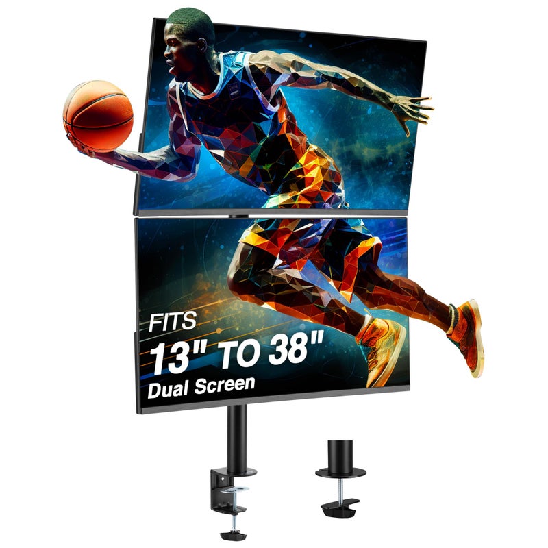 AVLT 38" Vertical Ultrawide Monitor Mount Stand Two Stacked 26.5 lbs Screens on Heavy-Duty Pole Save Workspace with Fine-Tune Height Tilt Swivel Rotate Adjustment C-clamp and Grommet Mounting Base - Image 1