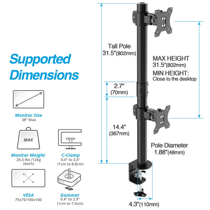 AVLT 38" Vertical Ultrawide Monitor Mount Stand Two Stacked 26.5 lbs Screens on Heavy-Duty Pole Save Workspace with Fine-Tune Height Tilt Swivel Rotate Adjustment C-clamp and Grommet Mounting Base - Image 2
