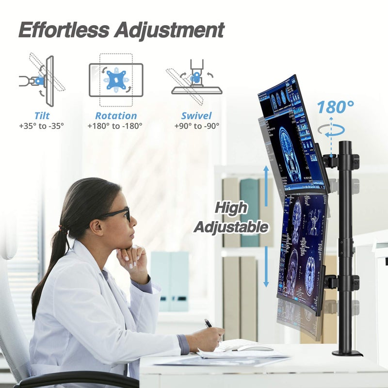 AVLT 38" Vertical Ultrawide Monitor Mount Stand Two Stacked 26.5 lbs Screens on Heavy-Duty Pole Save Workspace with Fine-Tune Height Tilt Swivel Rotate Adjustment C-clamp and Grommet Mounting Base - Image 4