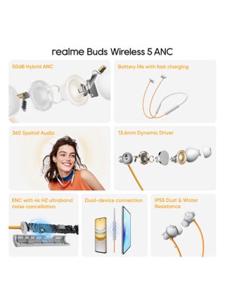 سماعات بلوتوث داخل الأذن realme Buds Wireless 5 ANC، 50dB إلغاء الضوضاء النشط، 13.6mm سائق باس ديناميكي، 360 درجة صوت مكاني، 45ms زمن استجابة منخفض، حتى 38 ساعة تشغيل، تصنيف IP55، اتصال بجهازين (فضي فجر) - view 2