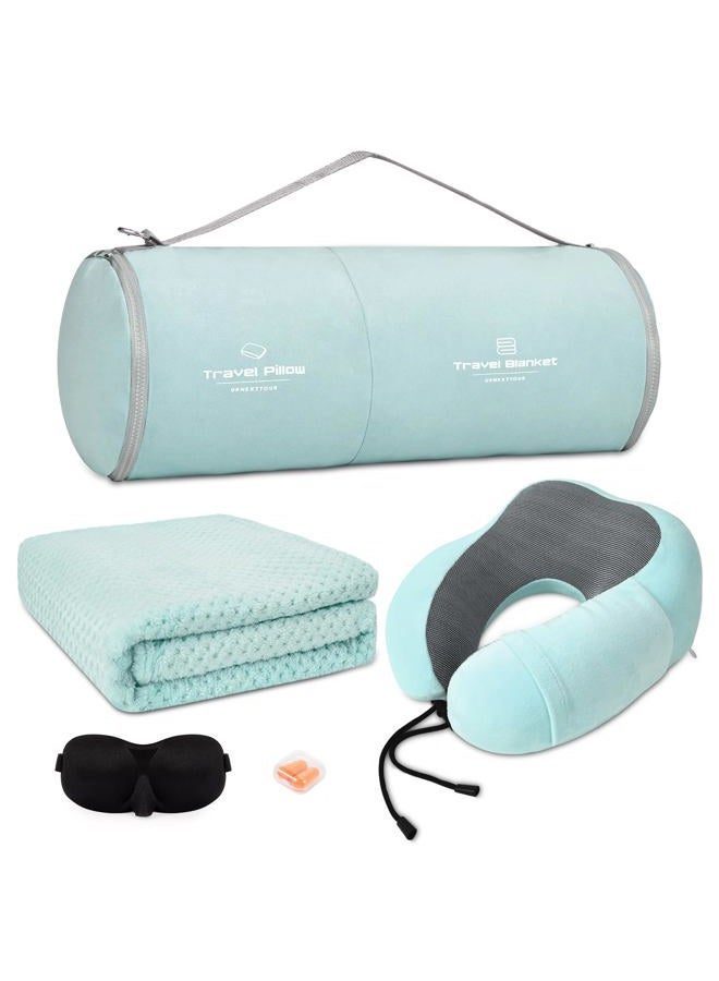 urnexttour Travel Pillow and Blanket Set Neck Pillows Soft Blankets with Sleep Mask Travel Essentials for Airplane Car Memory Foam Blue Green - Image 1