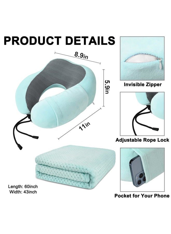 urnexttour Travel Pillow and Blanket Set Neck Pillows Soft Blankets with Sleep Mask Travel Essentials for Airplane Car Memory Foam Blue Green - Image 4