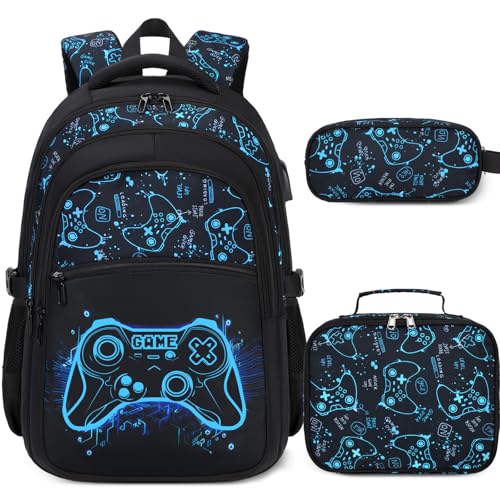 DIGOBAY Boys Backpack for School, 3PCS Cool Luminous Gamer Backpack for Boys with Lunch Box Pencil Case, Kids Backpacks Bookbag for Teen Boy Elementary Middle High School with USB Charging Port - Image 1