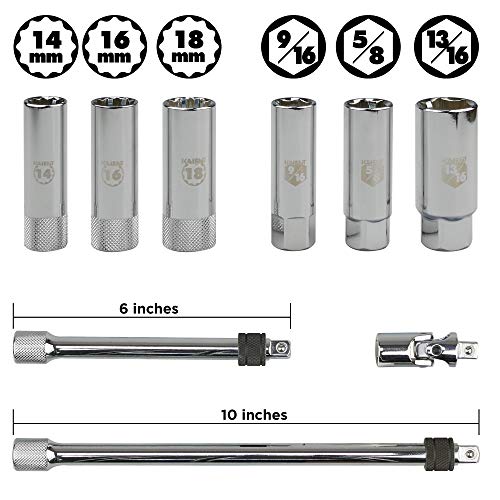 KAIFNT K201 Comprehensive Spark Plug Socket Set with Locking Extensions, 3/8-Inch Drive, 9-Piece - Image 2