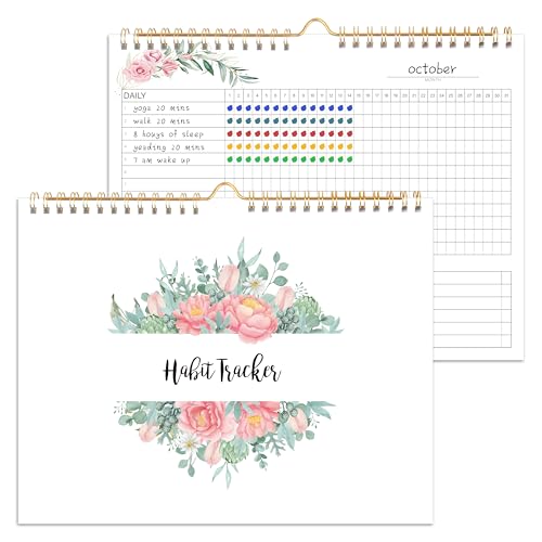 KAICN Habit Tracker Calendar - 12 Months Undated Daily Weekly & Monthly Period Habit Tracker Journal, Greenery Floral, Spiral Binding & Hanger, 8"x10" - Image 1