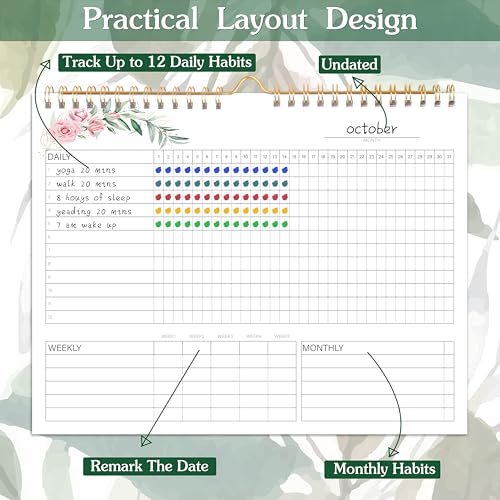 KAICN Habit Tracker Calendar - 12 Months Undated Daily Weekly & Monthly Period Habit Tracker Journal, Greenery Floral, Spiral Binding & Hanger, 8"x10" - Image 2