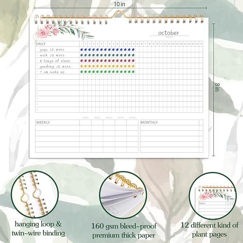 KAICN Habit Tracker Calendar - 12 Months Undated Daily Weekly & Monthly Period Habit Tracker Journal, Greenery Floral, Spiral Binding & Hanger, 8"x10" - Image 3