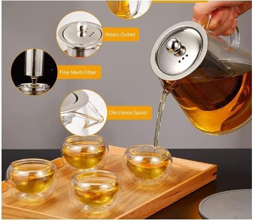 LARYNX 550 ML Glass Teapot with Stainless Steel Infuser Lid Borosilicate Glass Tea Kettle Stovetop Safe Blooming Loose Leaf TeapotGlass Square Pot Pack of 1 Round 550 ml - Image 3