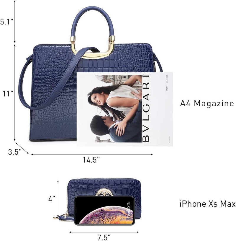 Dasein Women's Handbag Top Handle Shoulder Bag Tote Satchel Purse with Matching Wallet - Croco Blue - Image 3