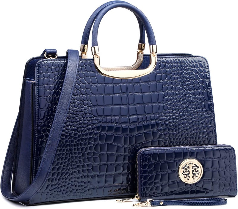 Dasein Women's Handbag Top Handle Shoulder Bag Tote Satchel Purse with Matching Wallet - Croco Blue - Image 1