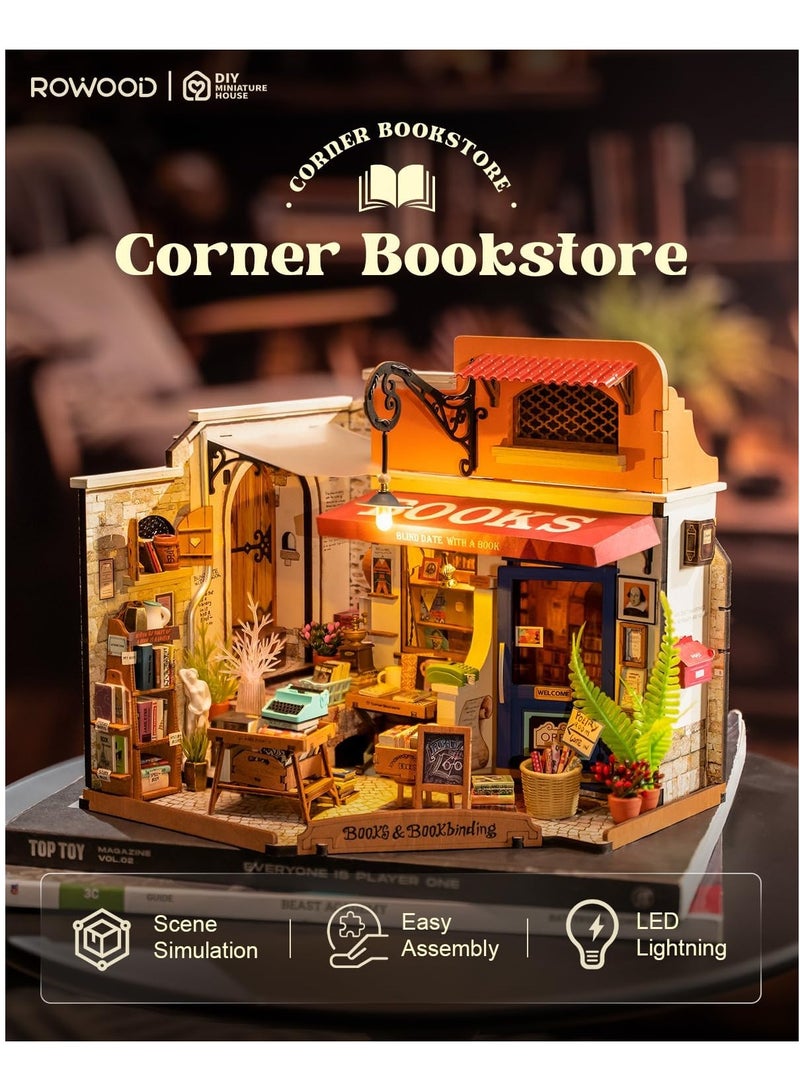 مجموعة Tiny House Kit، مجموعة بناء منزل صغير مزودة بمصباح LED، مجموعة حرفية لبيت الدمى DIY، هدايا عيد ميلاد للبالغين والنساء والأطفال بعمر 14 عامًا فما فوق (مكتبة الزاوية) - Image 2