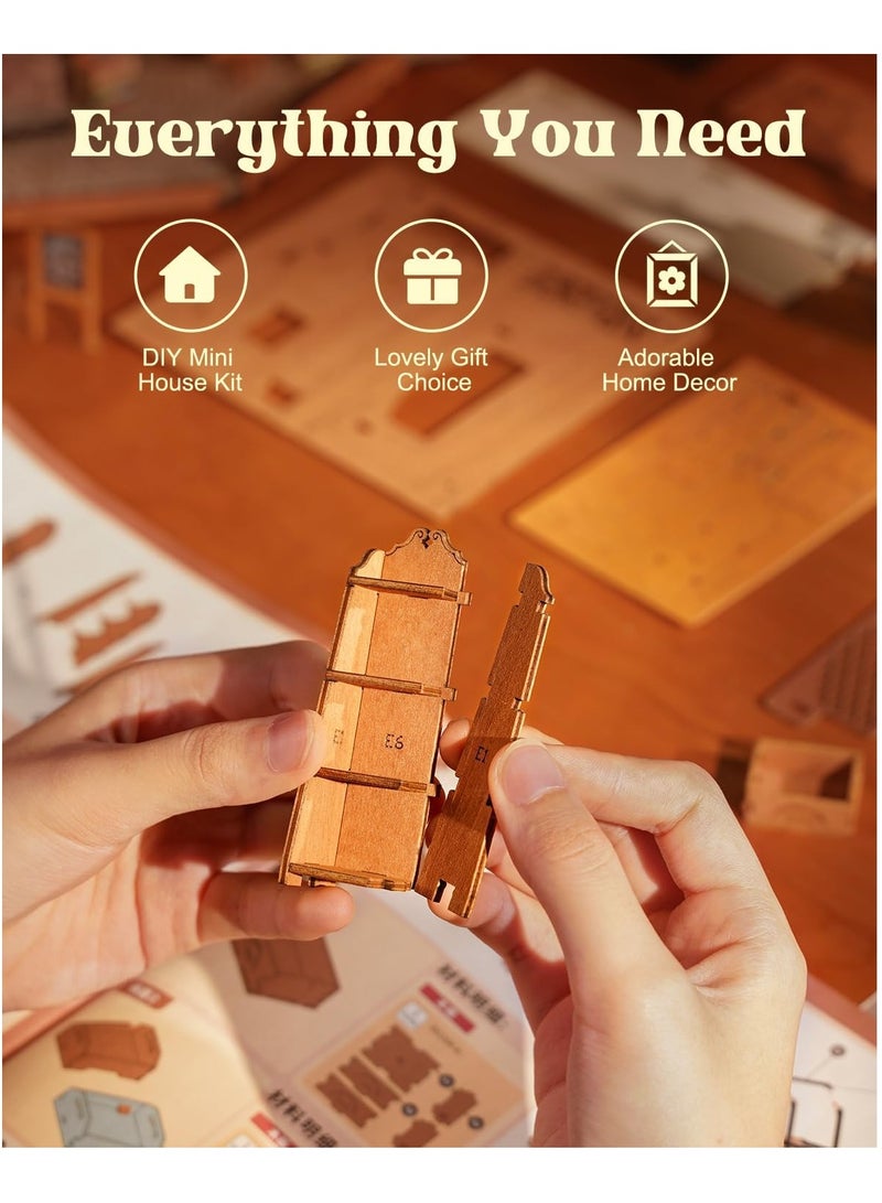 مجموعة Tiny House Kit، مجموعة بناء منزل صغير مزودة بمصباح LED، مجموعة حرفية لبيت الدمى DIY، هدايا عيد ميلاد للبالغين والنساء والأطفال بعمر 14 عامًا فما فوق (مكتبة الزاوية) - Image 5