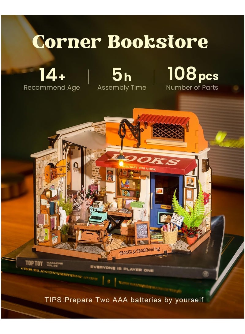 مجموعة Tiny House Kit، مجموعة بناء منزل صغير مزودة بمصباح LED، مجموعة حرفية لبيت الدمى DIY، هدايا عيد ميلاد للبالغين والنساء والأطفال بعمر 14 عامًا فما فوق (مكتبة الزاوية) - Image 3