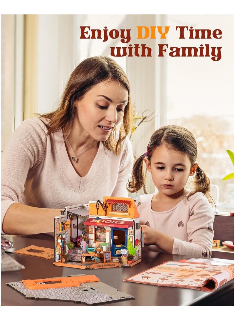 مجموعة Tiny House Kit، مجموعة بناء منزل صغير مزودة بمصباح LED، مجموعة حرفية لبيت الدمى DIY، هدايا عيد ميلاد للبالغين والنساء والأطفال بعمر 14 عامًا فما فوق (مكتبة الزاوية) - Image 4
