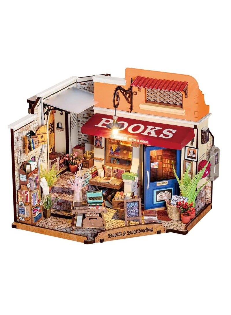 مجموعة Tiny House Kit، مجموعة بناء منزل صغير مزودة بمصباح LED، مجموعة حرفية لبيت الدمى DIY، هدايا عيد ميلاد للبالغين والنساء والأطفال بعمر 14 عامًا فما فوق (مكتبة الزاوية) - Image 1