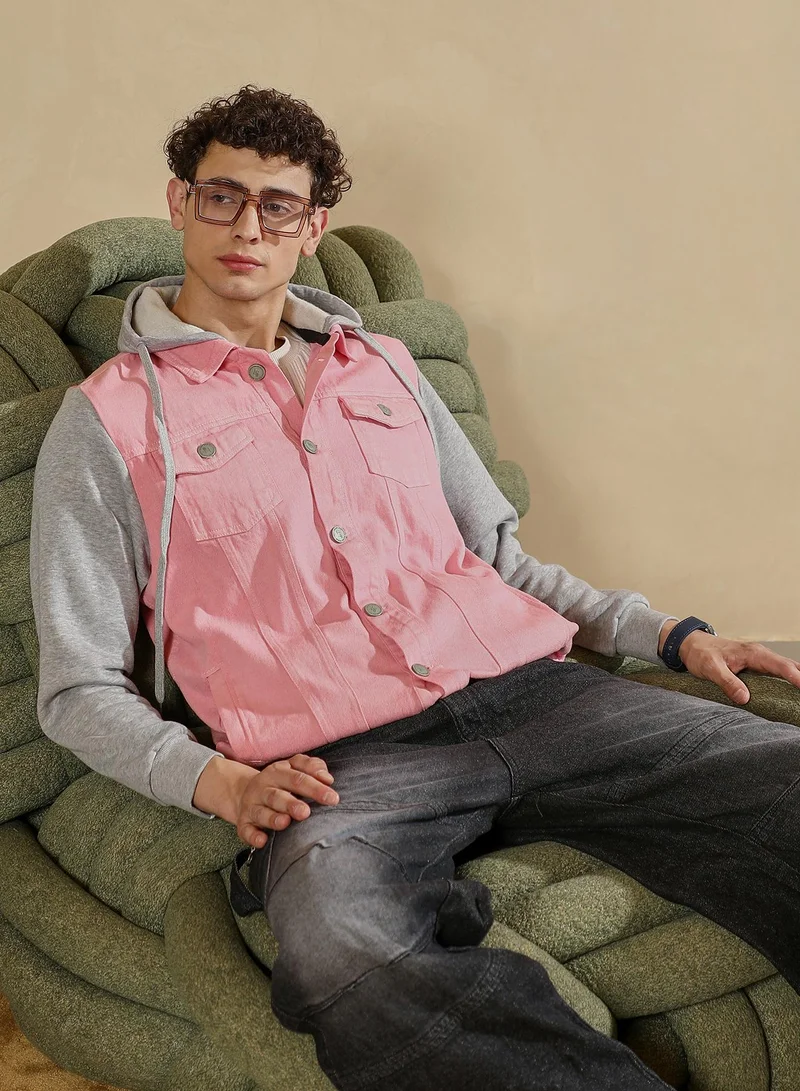 Campus Sutra Men's Flamingo Pink & Coin Grey Block-Sweatshirt Denim Jacket