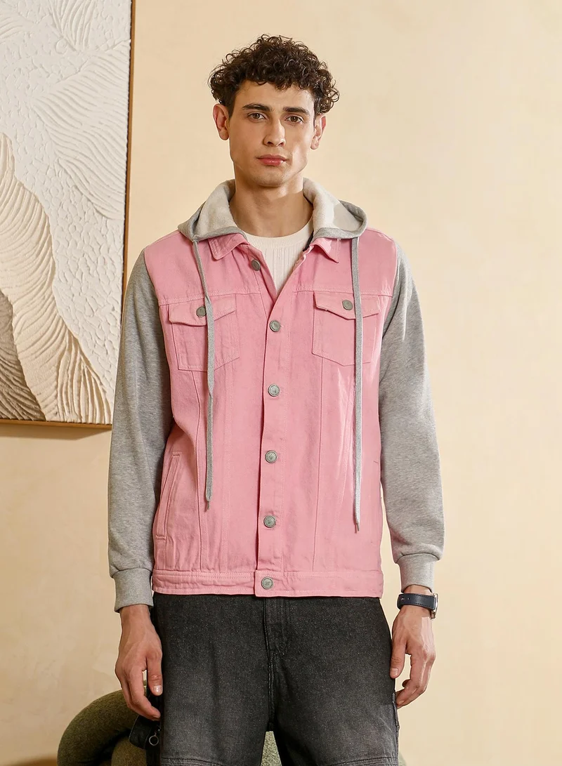 Campus Sutra Men's Flamingo Pink & Coin Grey Block-Sweatshirt Denim Jacket