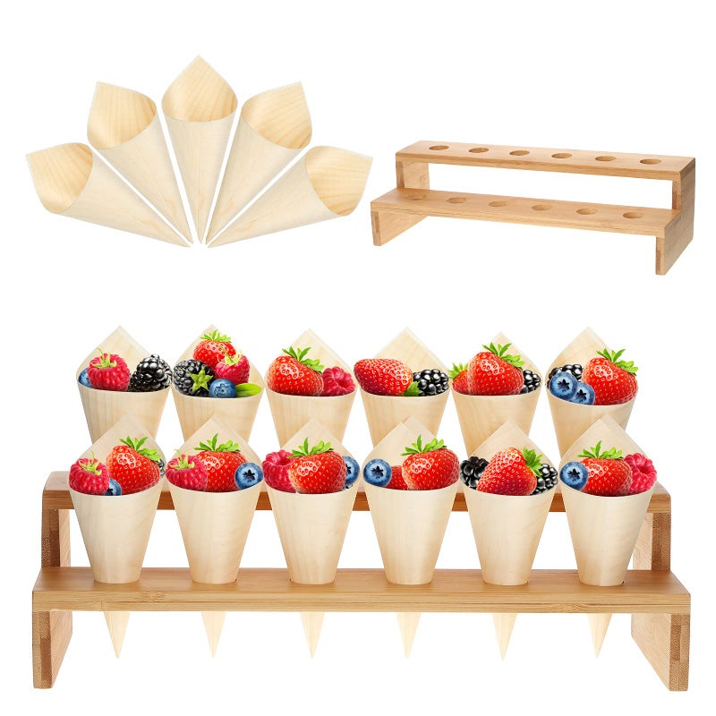 Queekay 100 Pcs Disposable Wooden Food Cones with 12 Holes Food Cone Display Stand Cone Holder for Charcuterie Ice Cream Catered Events Party or Buffets